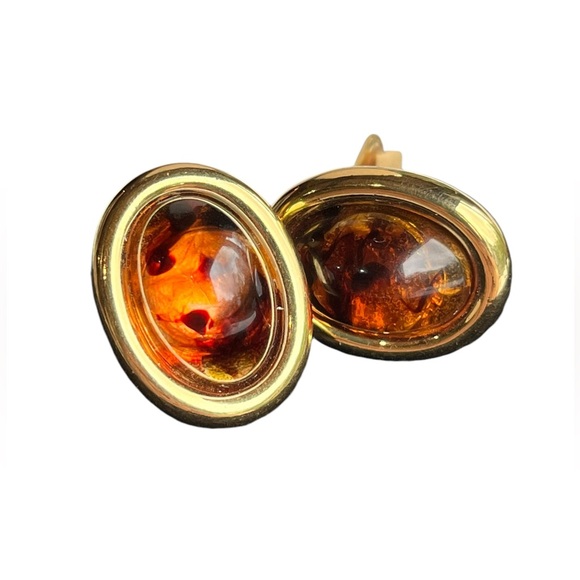 Vintage Kenneth Jay Lane KJL Faux Amber Tortoise Gold Clip Earrings - Picture 2 of 10